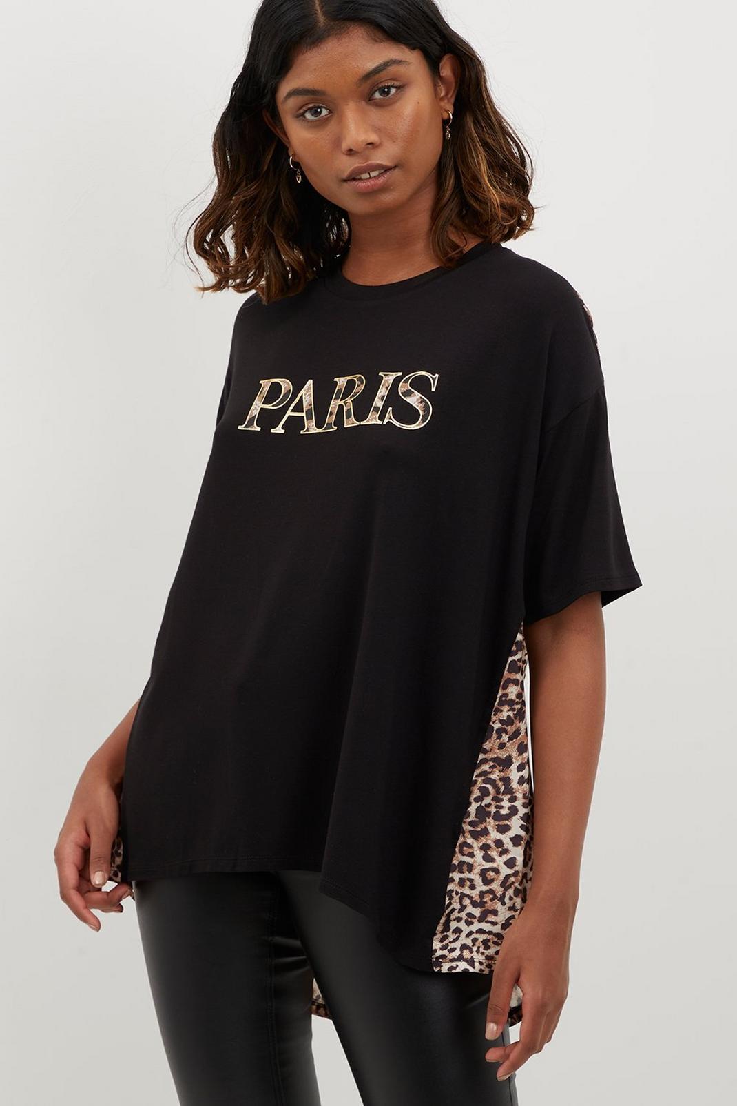 Black Paris Leopard Jersey and Chiffon Mix T Shirt image number 1