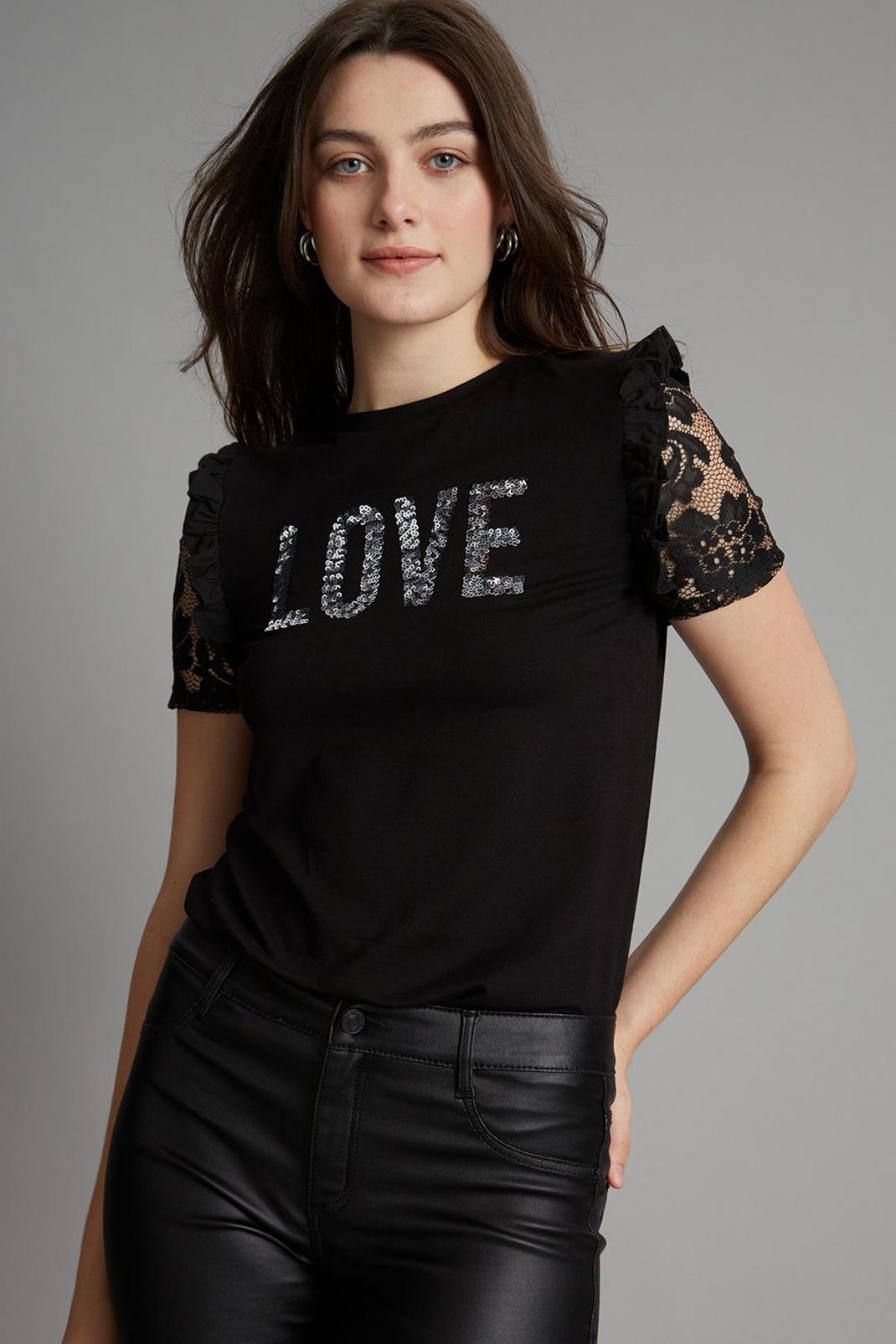 Black Love Lace Frill Shoulder Sequin T Shirt image number 1