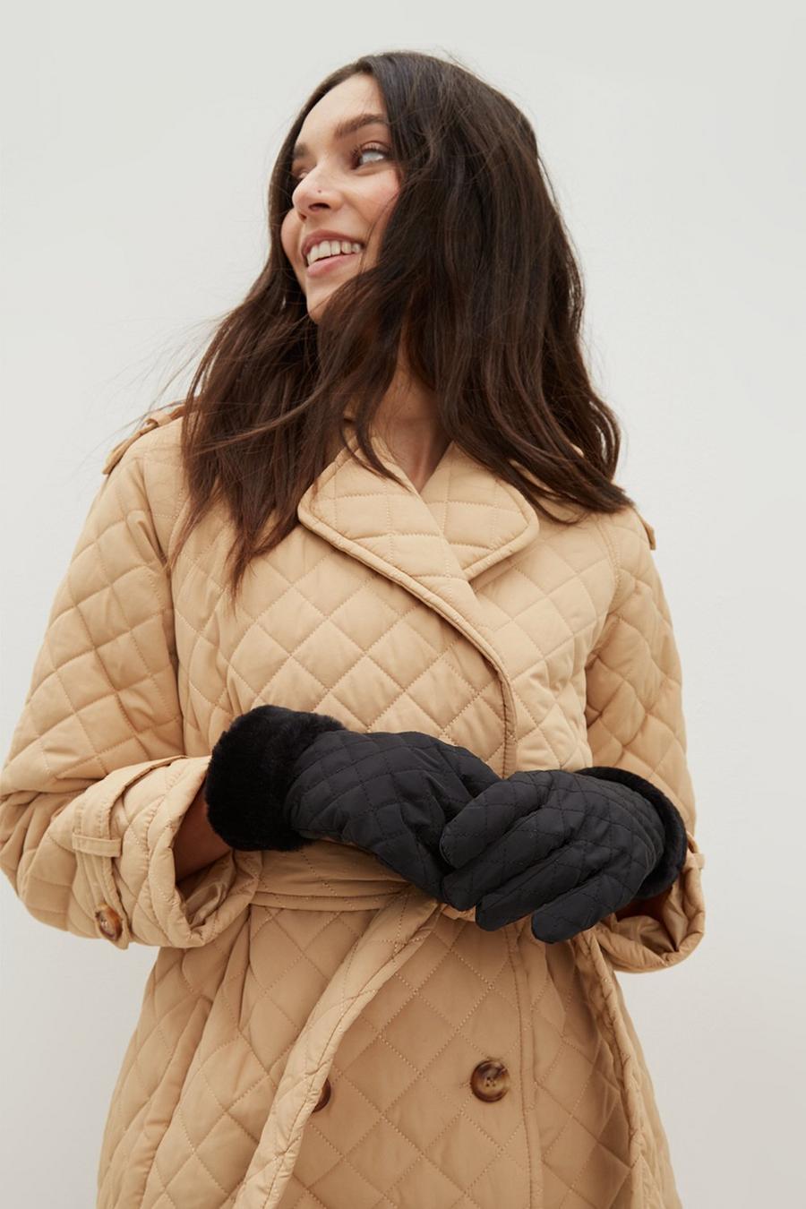 Black Quilted Fur Gloves