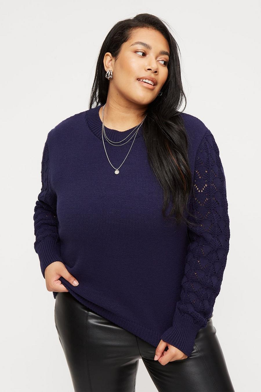 Curve Navy Textured Sleeve Knitted Jumper