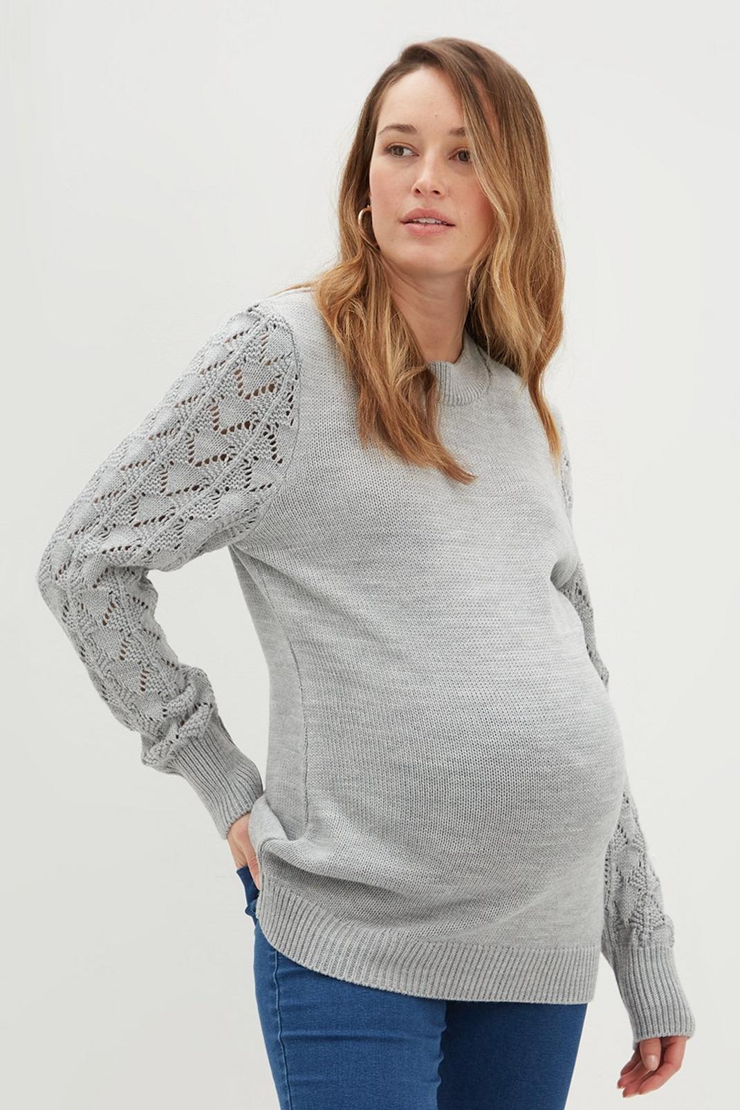 Grey Maternity Textured Sleeve Knitted Jumper image number 1