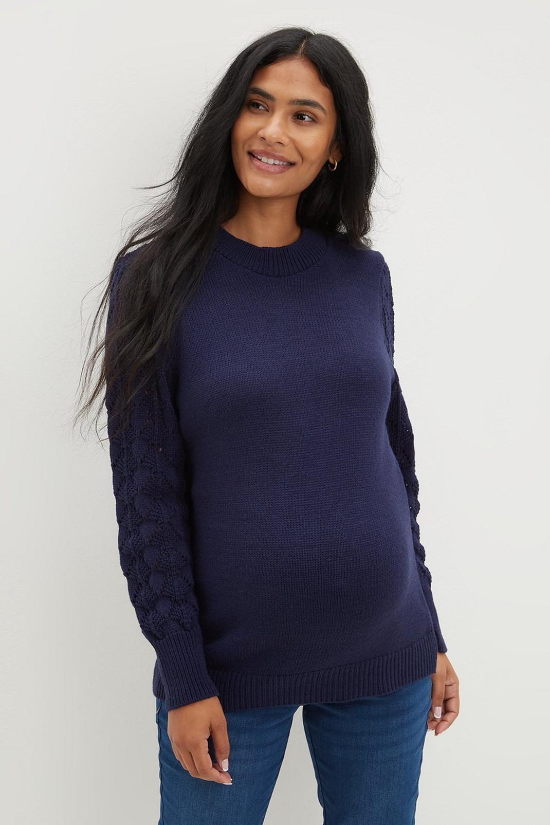Navy Maternity Textured Sleeve Knitted Jumper image number 1