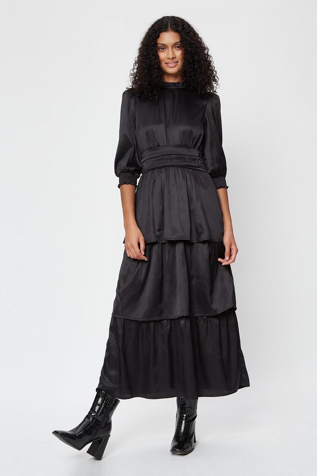Black Satin Puff Sleeve Tiered Midaxi Dress image number 1