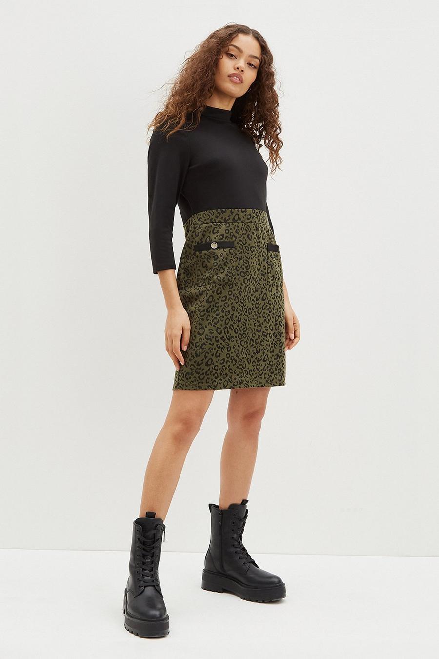 Petite Khaki Leopard Skirt Dress