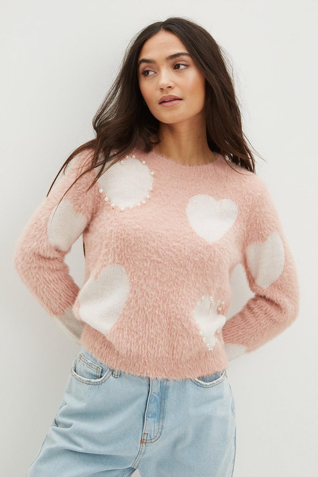 Pink Petite Pearl Detail Fluffy Heart Jumper image number 1