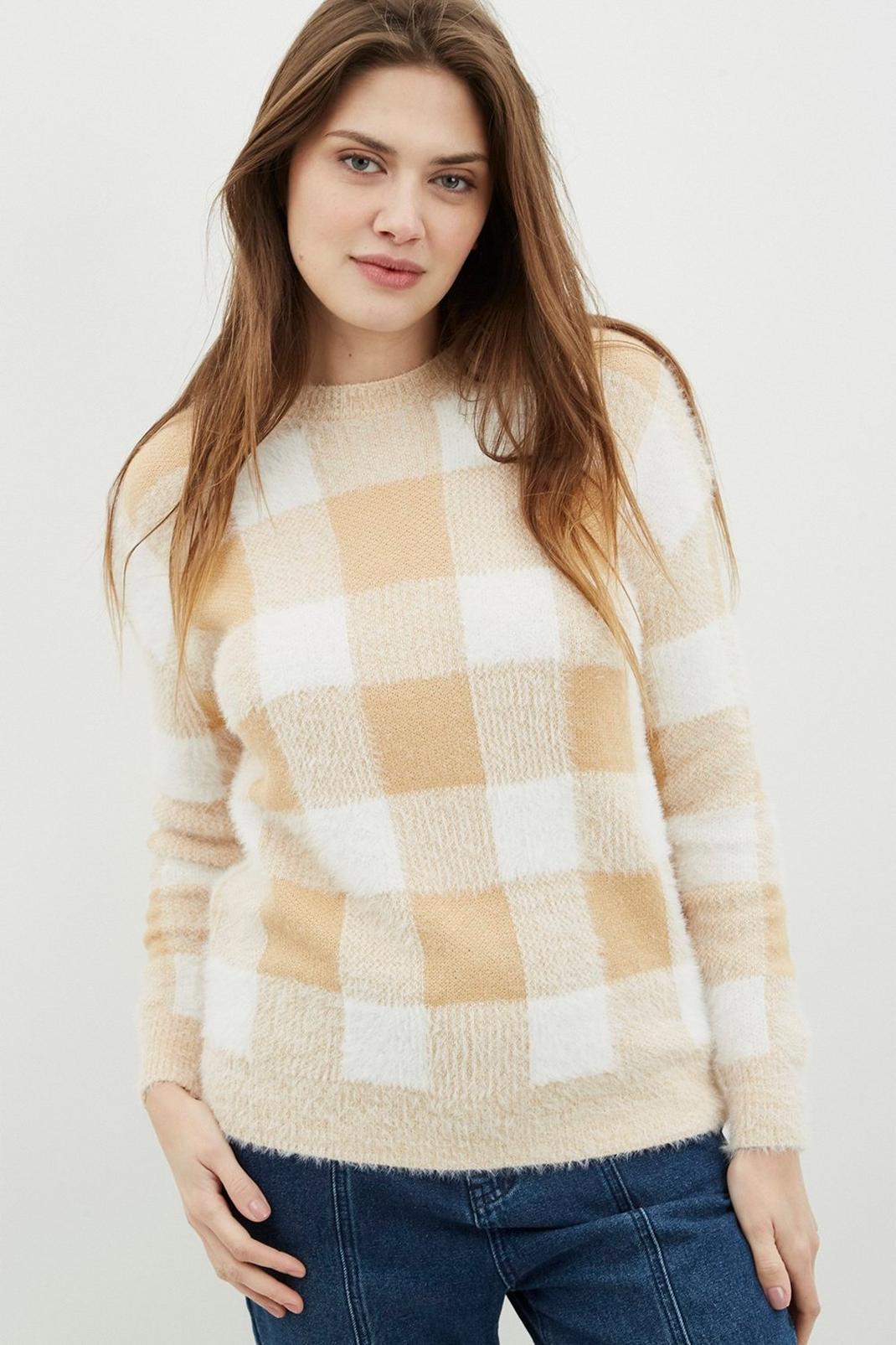 Camel Tall Fluffy Knit Check Jumper image number 1