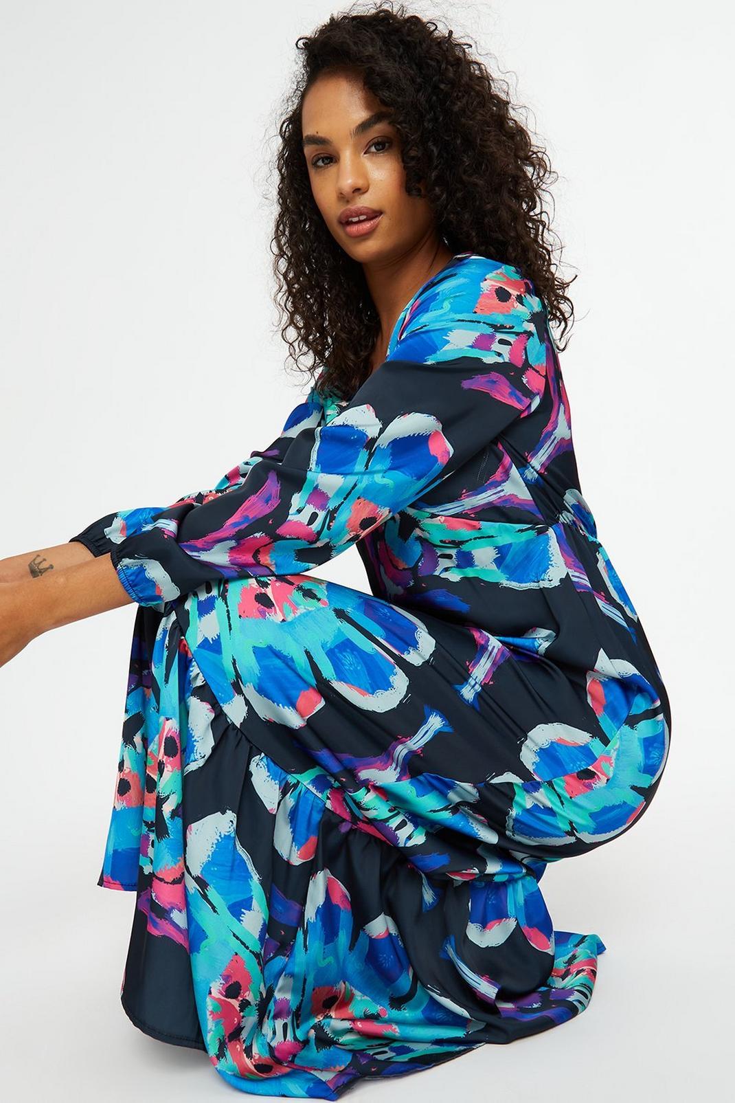 144 Bright Floral Smock Long Sleeve Maxi Dress image number 2