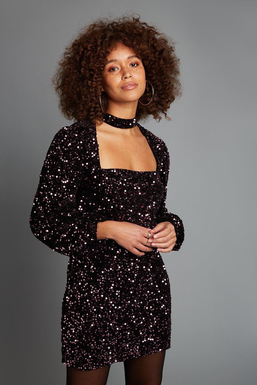 black cut out sequin dress