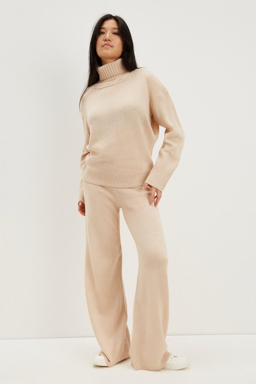 Camel Knitted Wide Leg Trousers image number 1