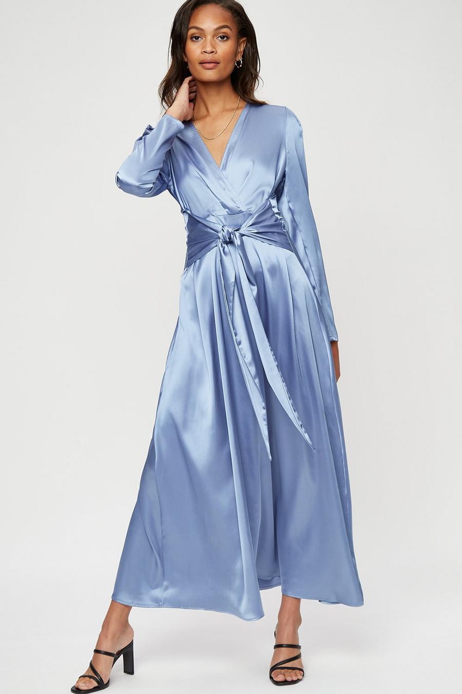 Blue Knot Front Satin Midi Dress