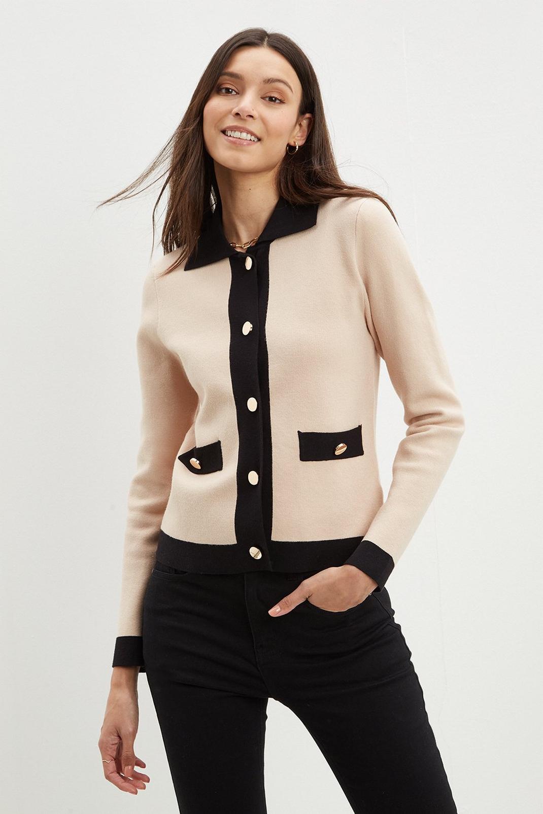 Beige Button Through Contrast Cardigan image number 1