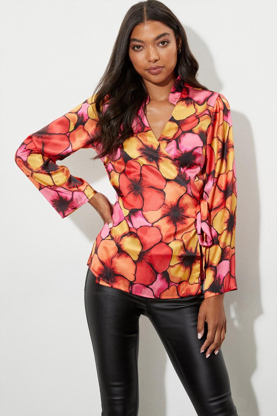 Large Scale Floral Wrap Open Cuff Satin Top