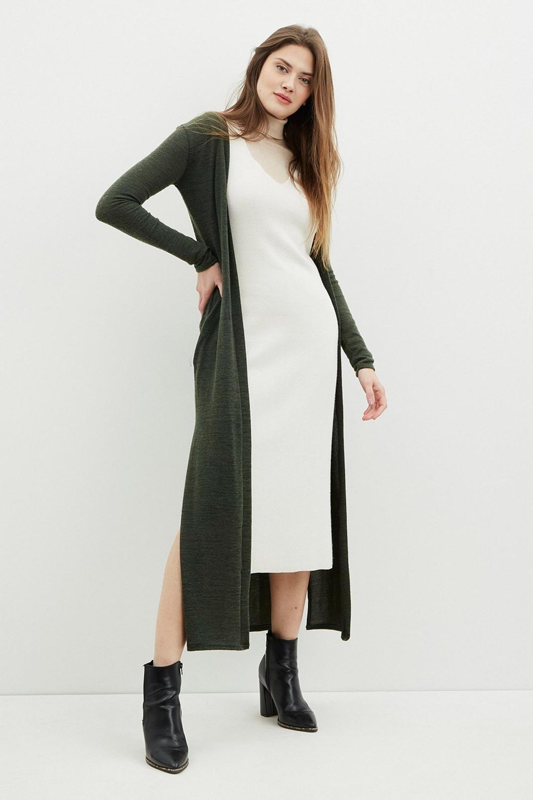 Khaki Tall Cosy Longline Cardigan With Pockets image number 1