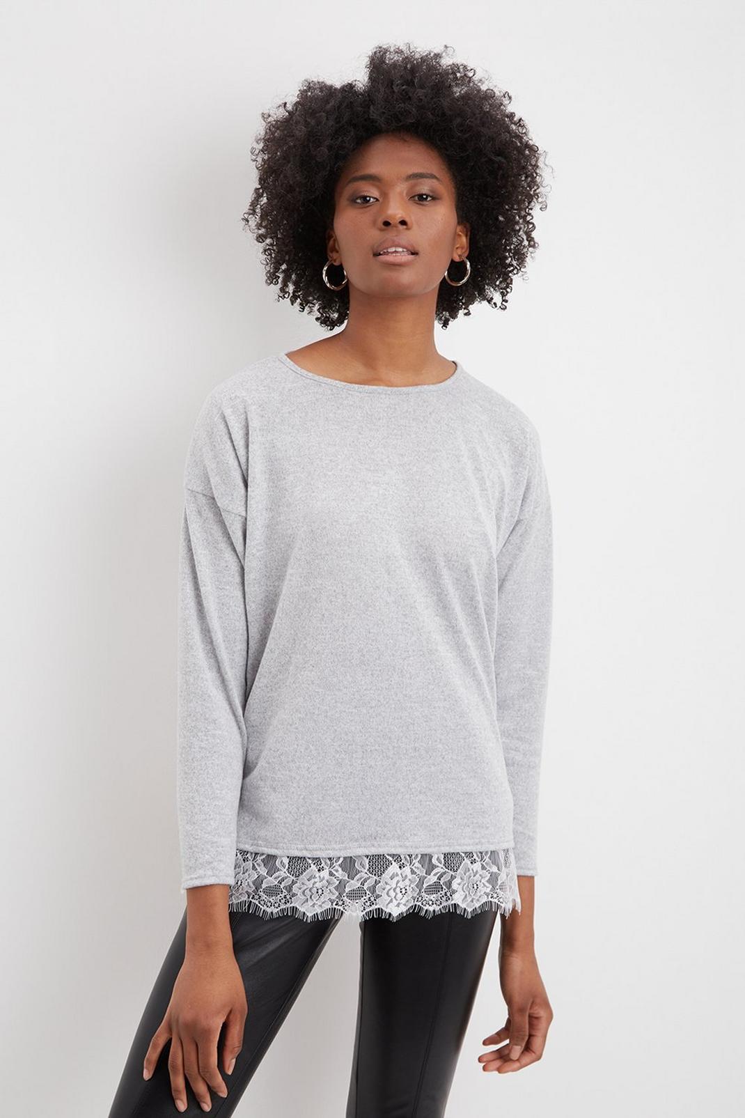 Grey Tall Lace Hem Long Sleeve Top image number 1