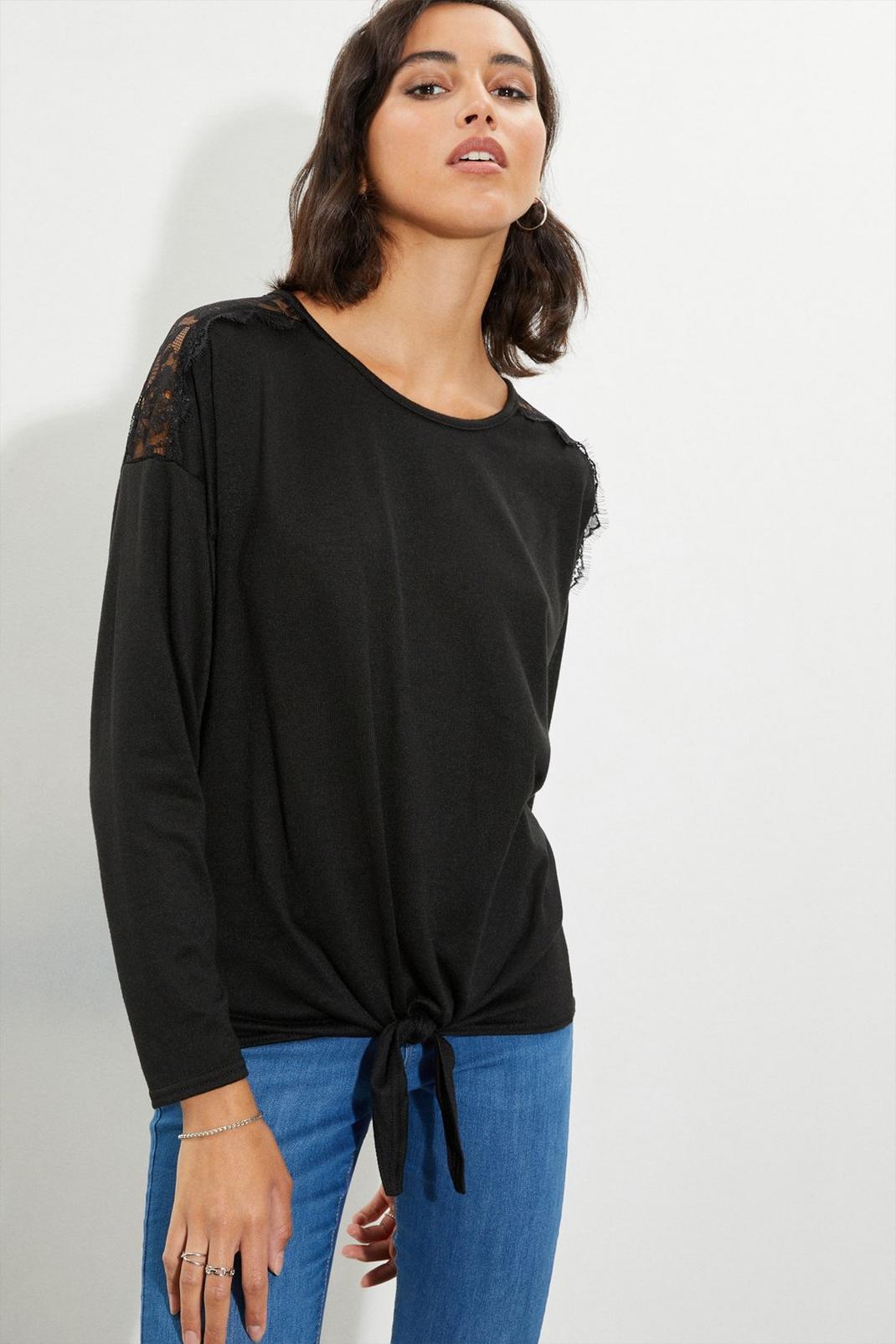 Black Tall Cosy Lace Detail Shoulder Top image number 1