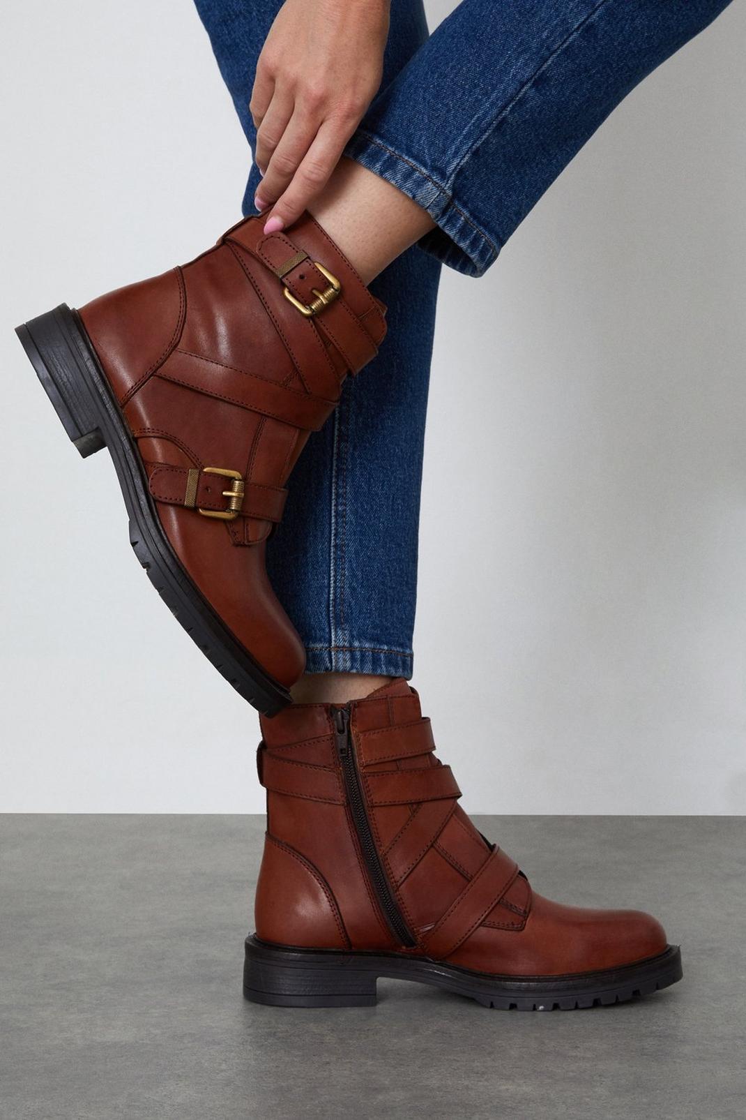 Tan Good For The Sole: Rowan Double Strap Leather Biker Boots image number 1