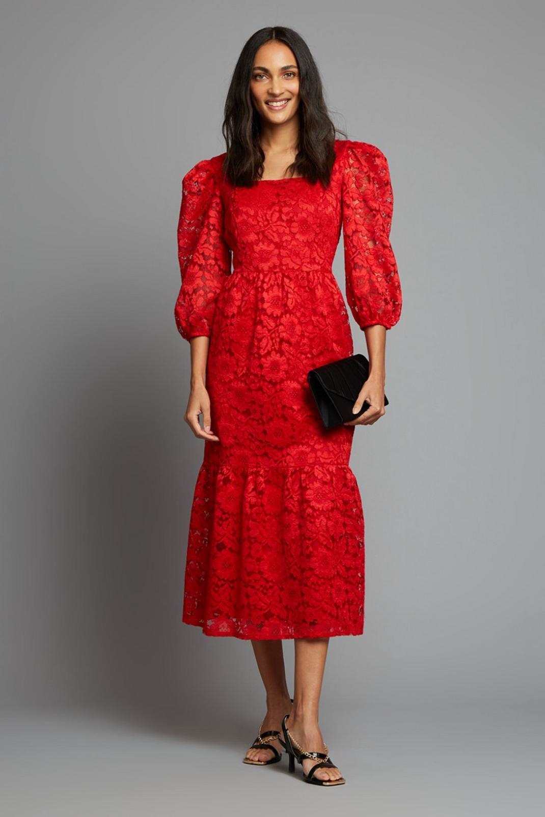 157 Red Lace Square Neck Midi  image number 1