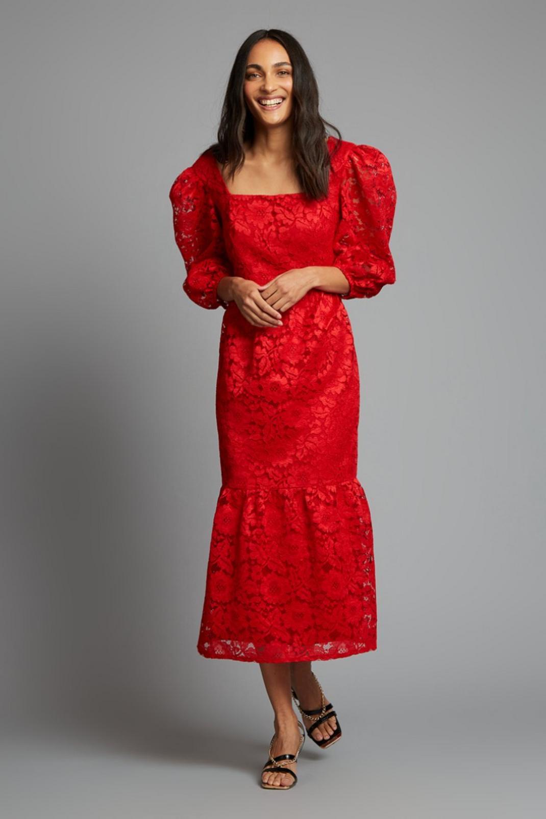 157 Red Lace Square Neck Midi  image number 2