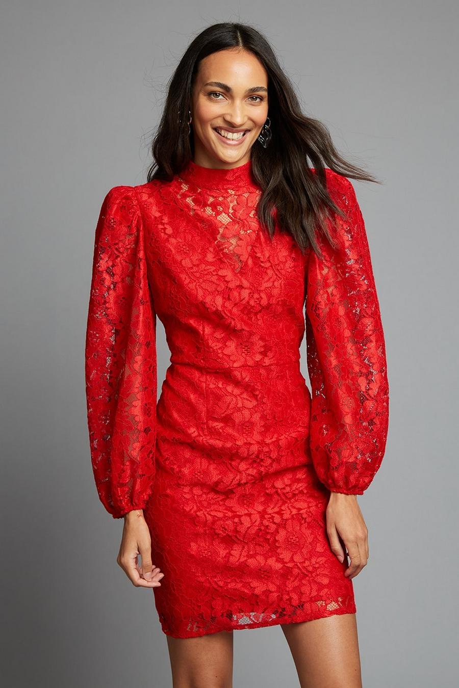 Red Lace High Neck Mini Dress