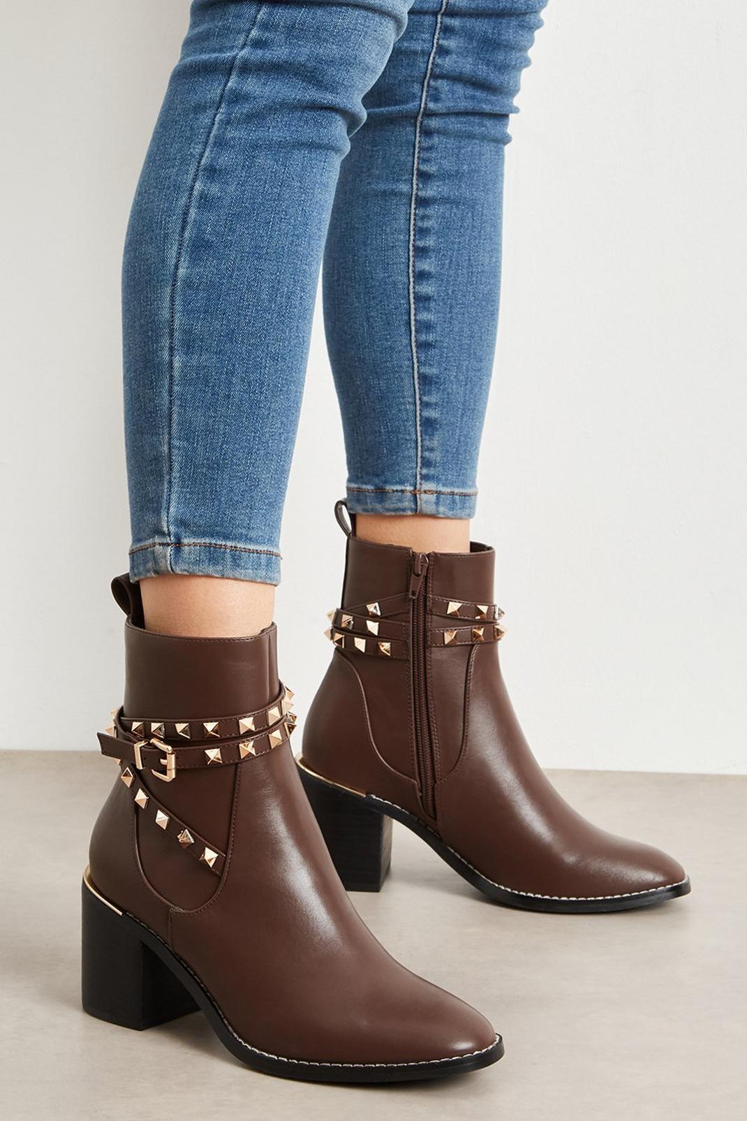 Chocolate Faith: Saffa Studded Strap Ankle Boots image number 1