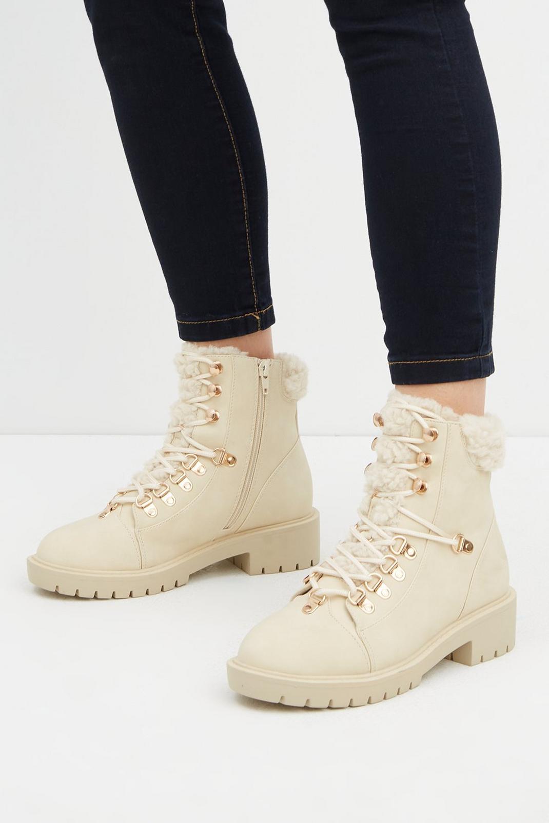 Cream Magical Faux Fur Cuff Hiker Boots image number 1