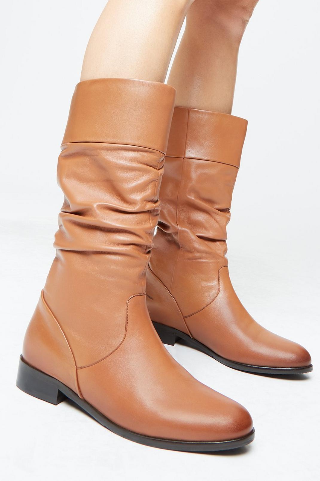 Tan Leather Tiffany Ruched Knee High Boots image number 1