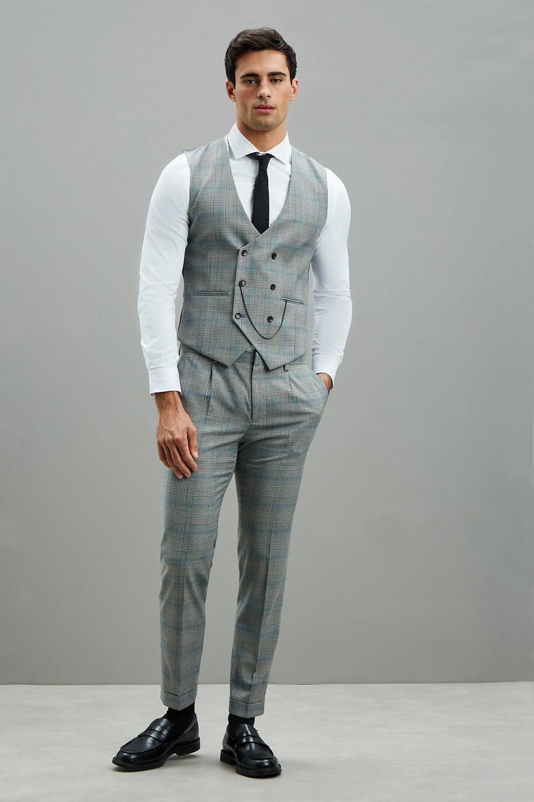106 Skinny Aqua Bold Check Suit Waistcoat image number 2