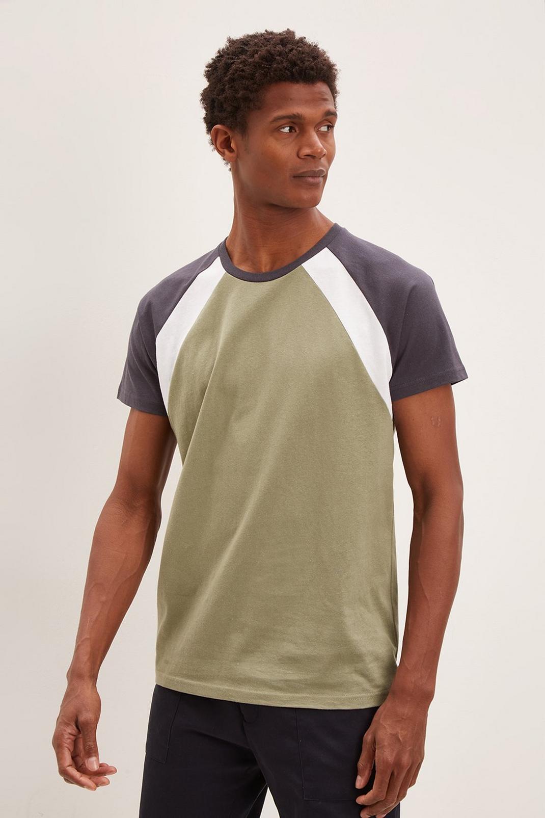 Navy Slim Contrast Panel Sleeve Raglan T-Shirt image number 1