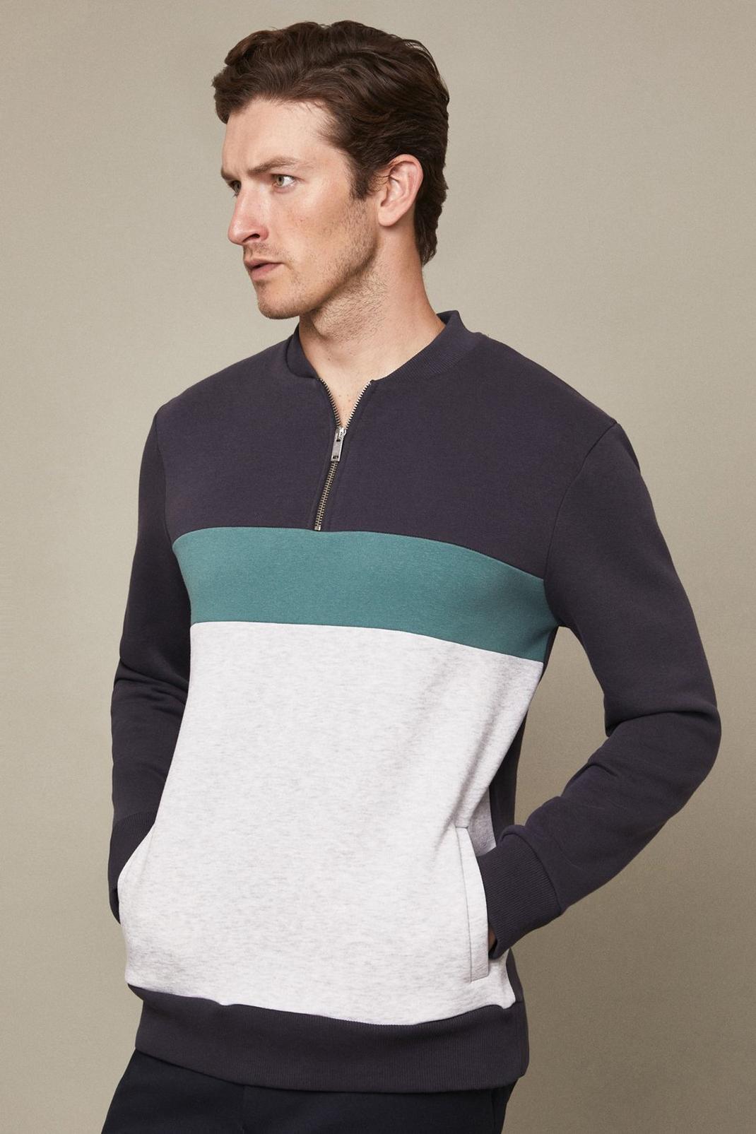 Grey marl Reverse Loopback Colour Block Zip Crew Sweatshirt image number 1