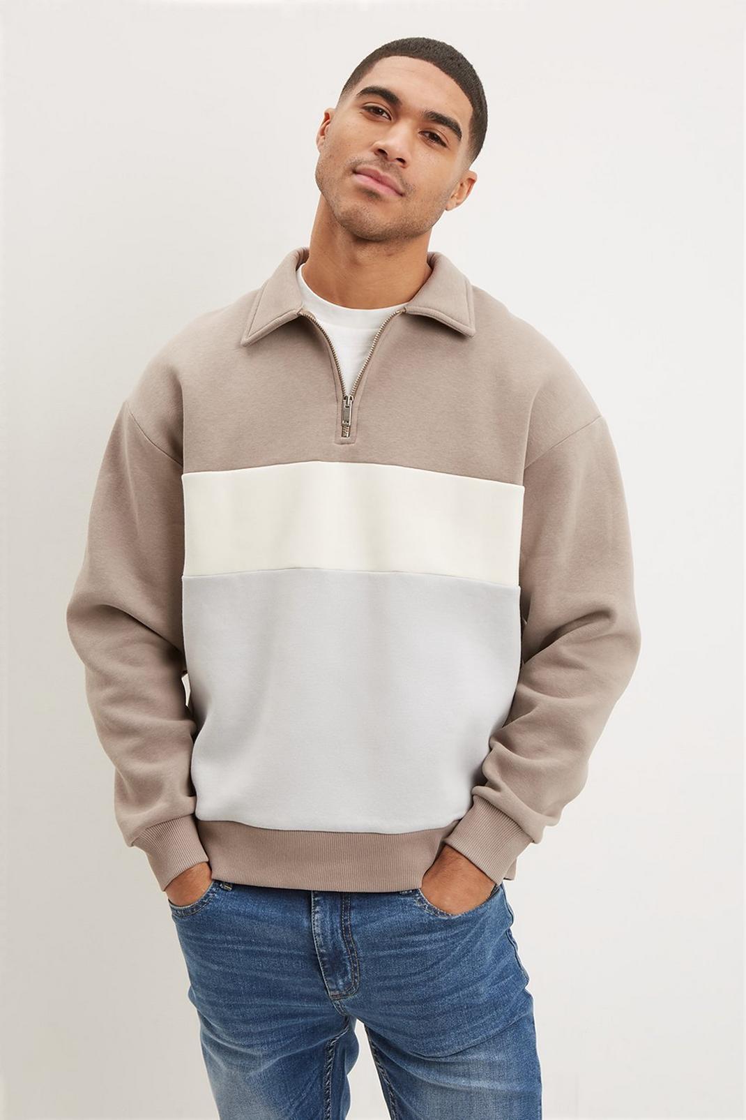 Brown Relaxed Fit Block Quarter Zip Collar Sweatshirt image number 1