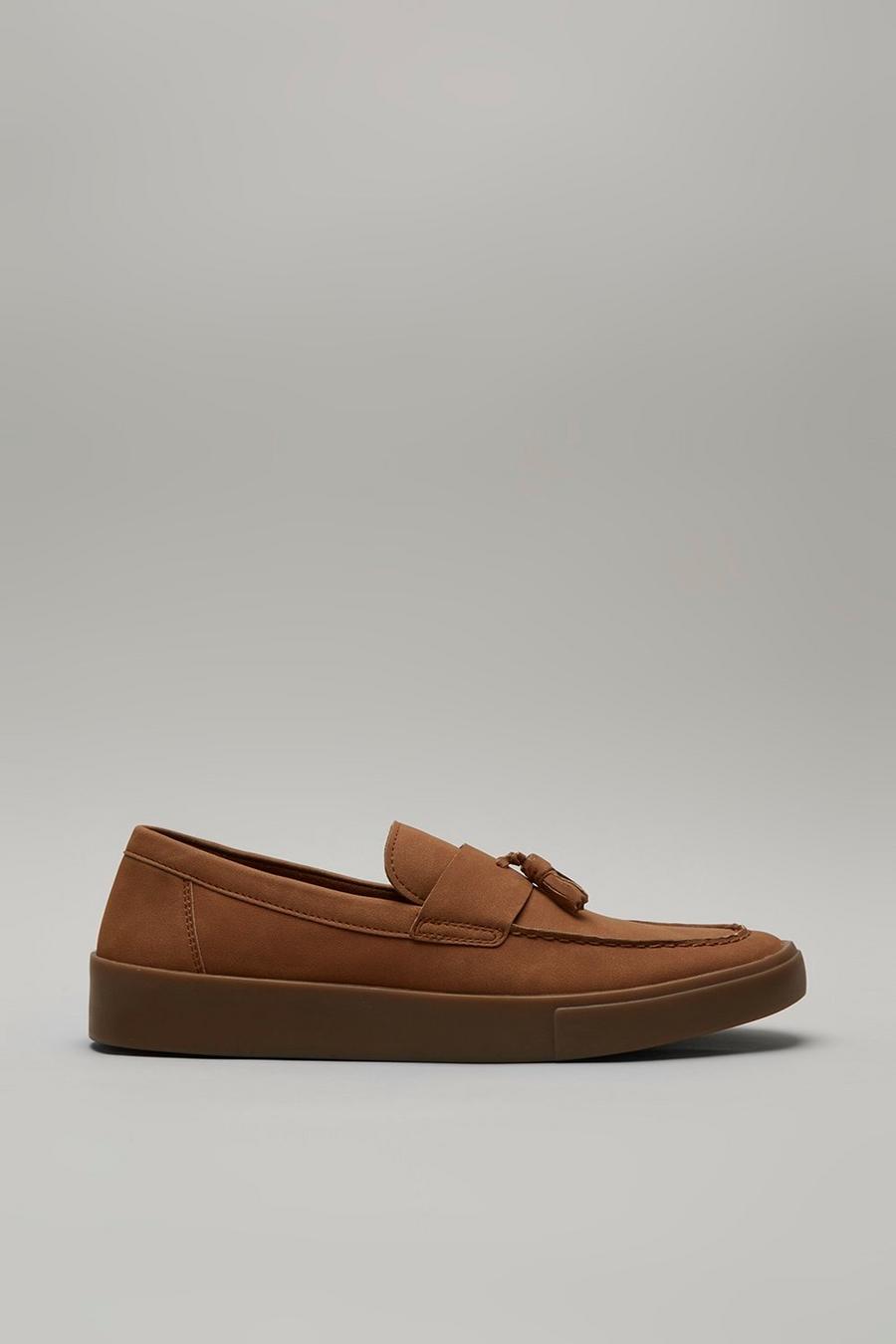 Tan Slip On Shoes With Tassel Detail