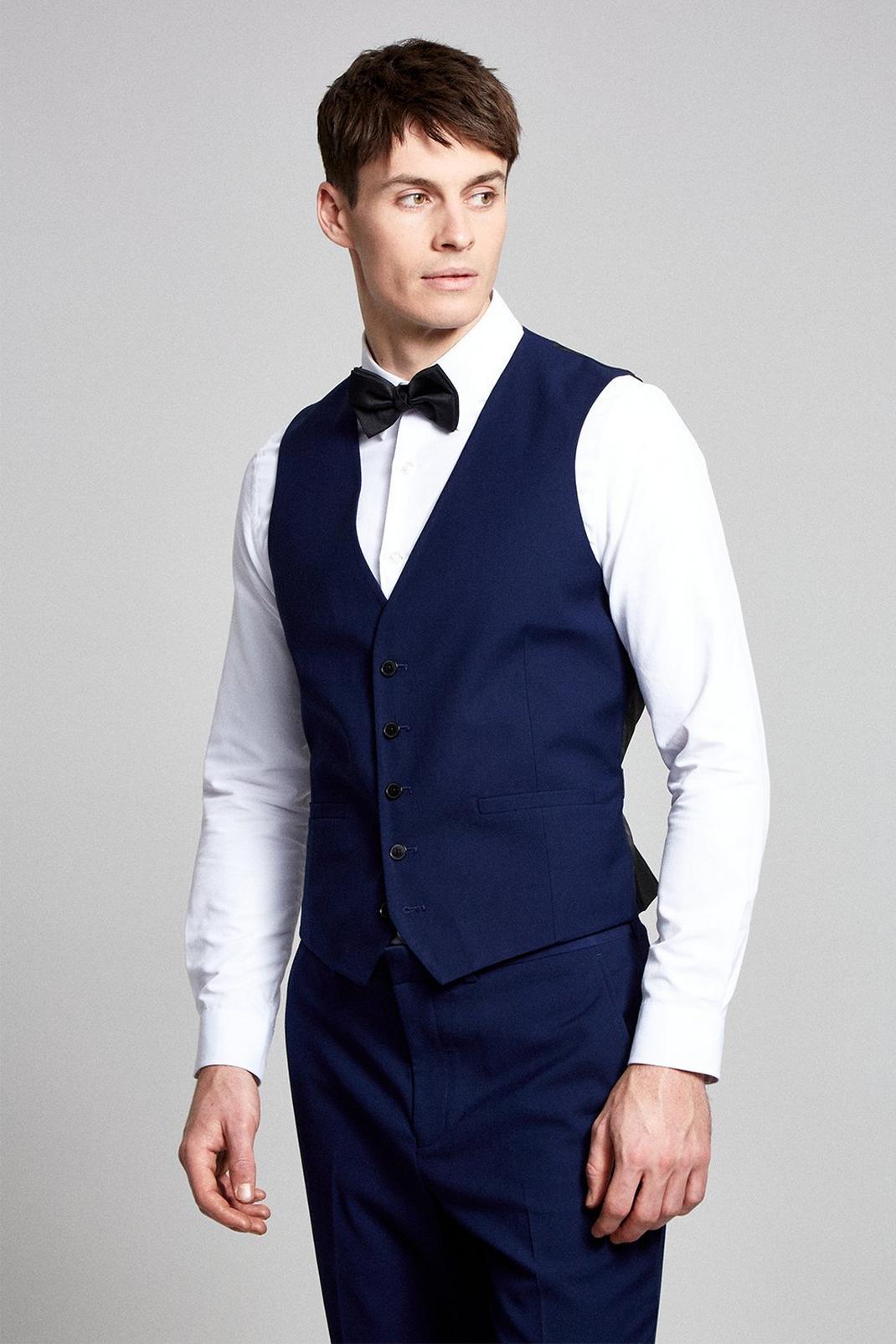 148 Navy Stretch Tailored Fit Tuxedo Waistcoat image number 1
