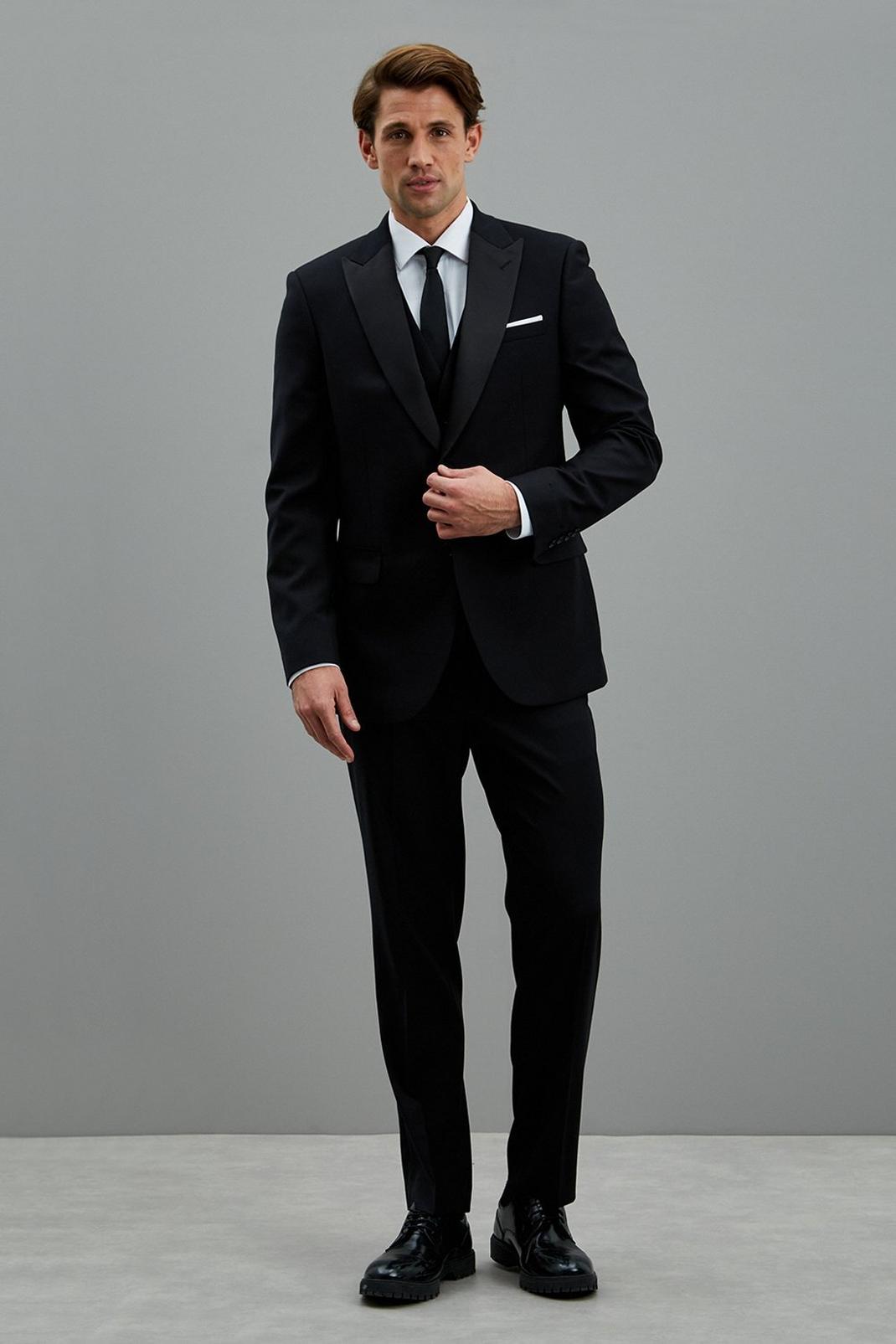 105 Black Stretch Tailored Tuxedo Suit Jacket image number 2