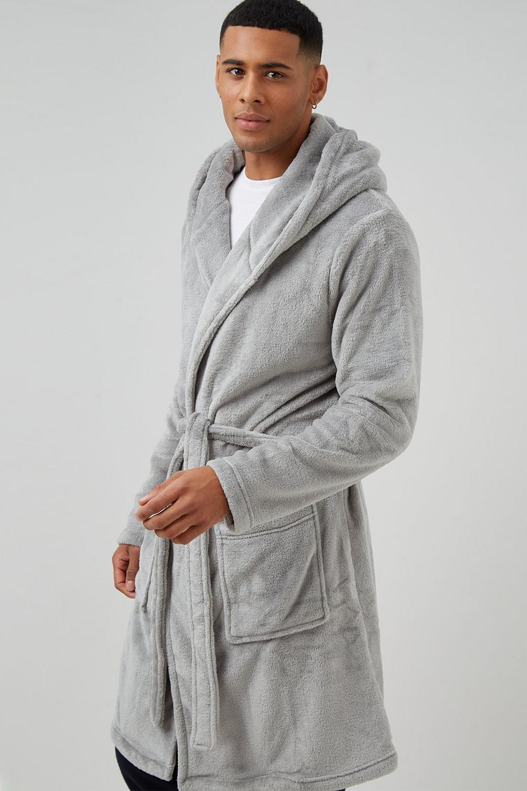 Hooded Long Length Dressing Gown Grey image number 1