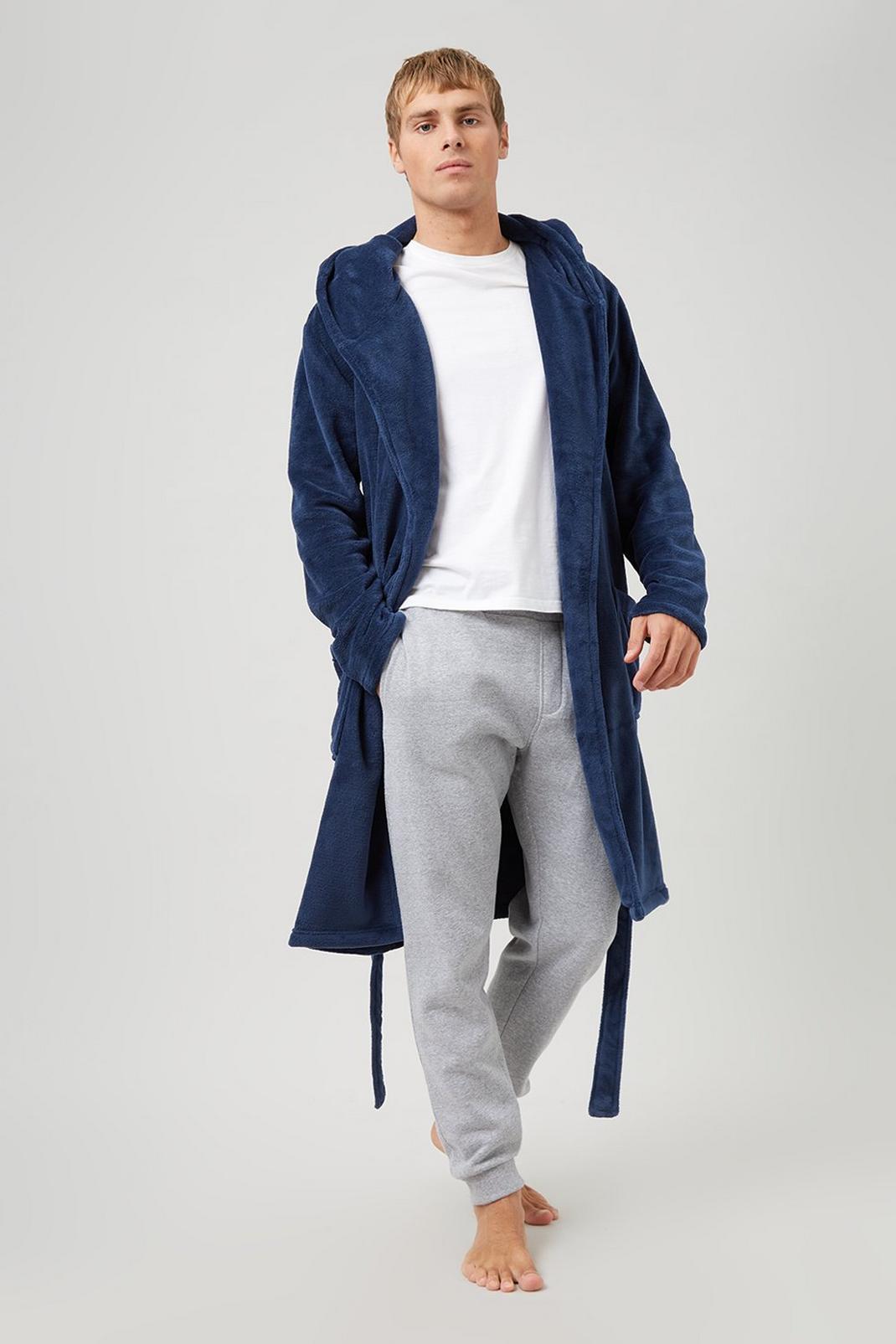 Hooded Long Length Dressing Gown Navy image number 1