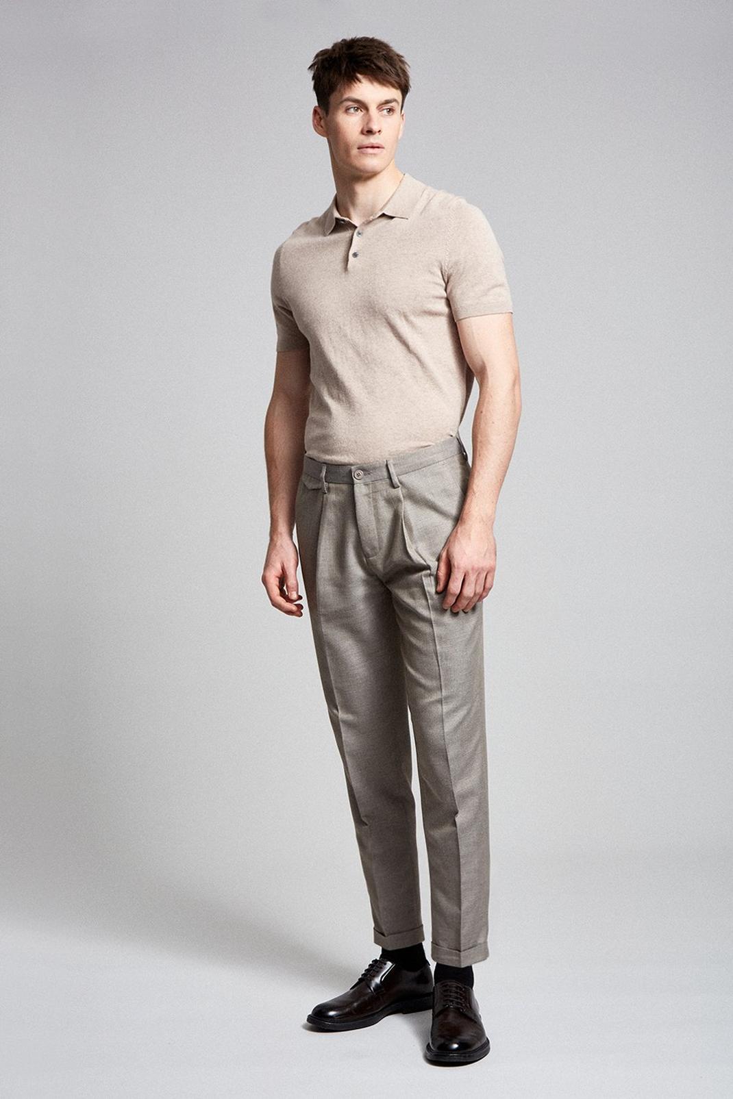 Neutral Tapered Oatmeal Texture Pleat Trousers image number 1