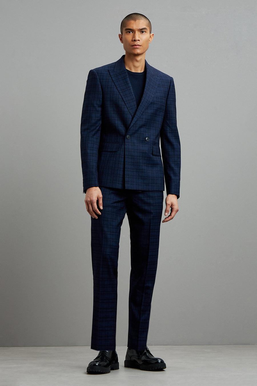 Tapered Fit Navy Multi Check Suit Trousers