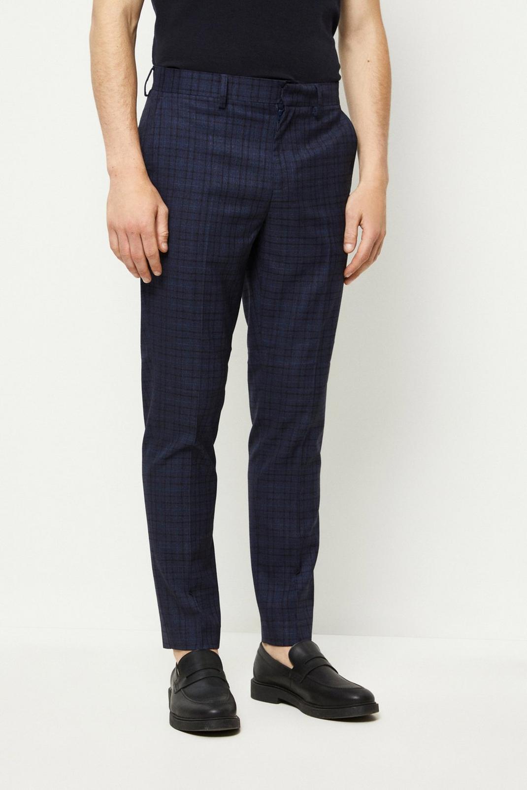 Slim Fit Navy Multi Check Trouser image number 1