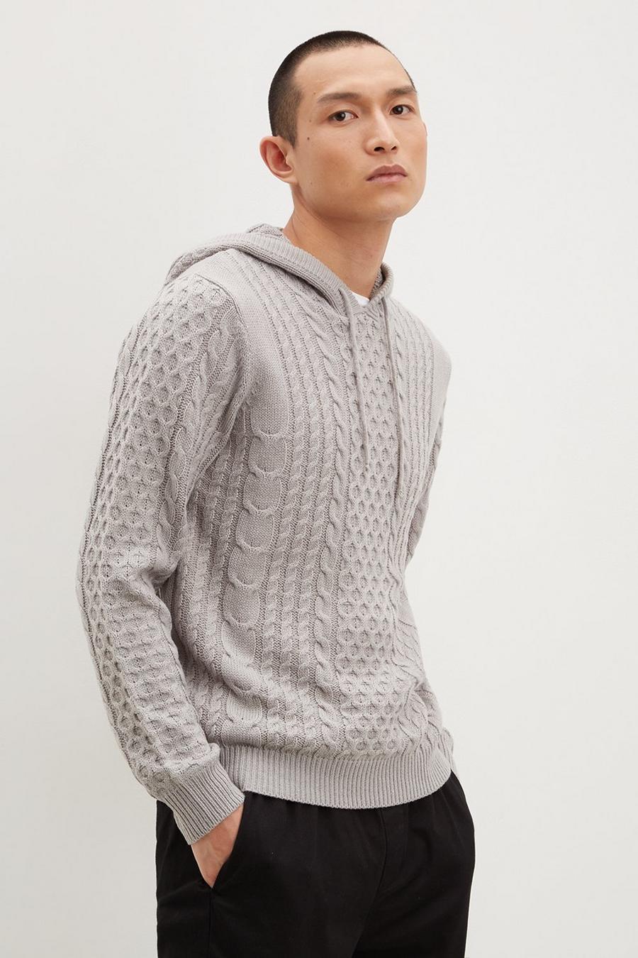 All Over Cable Hoodie Grey Marl