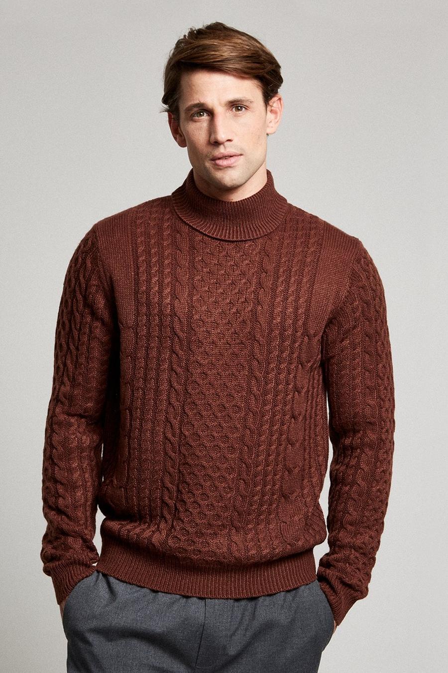 All Over Mixed Cable Roll Neck Coffee