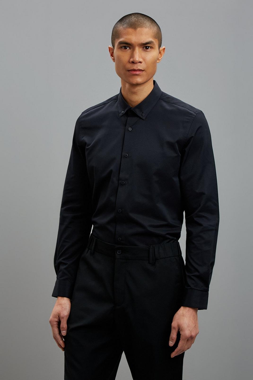 Black Slim Contrast Button Down Shirt image number 1