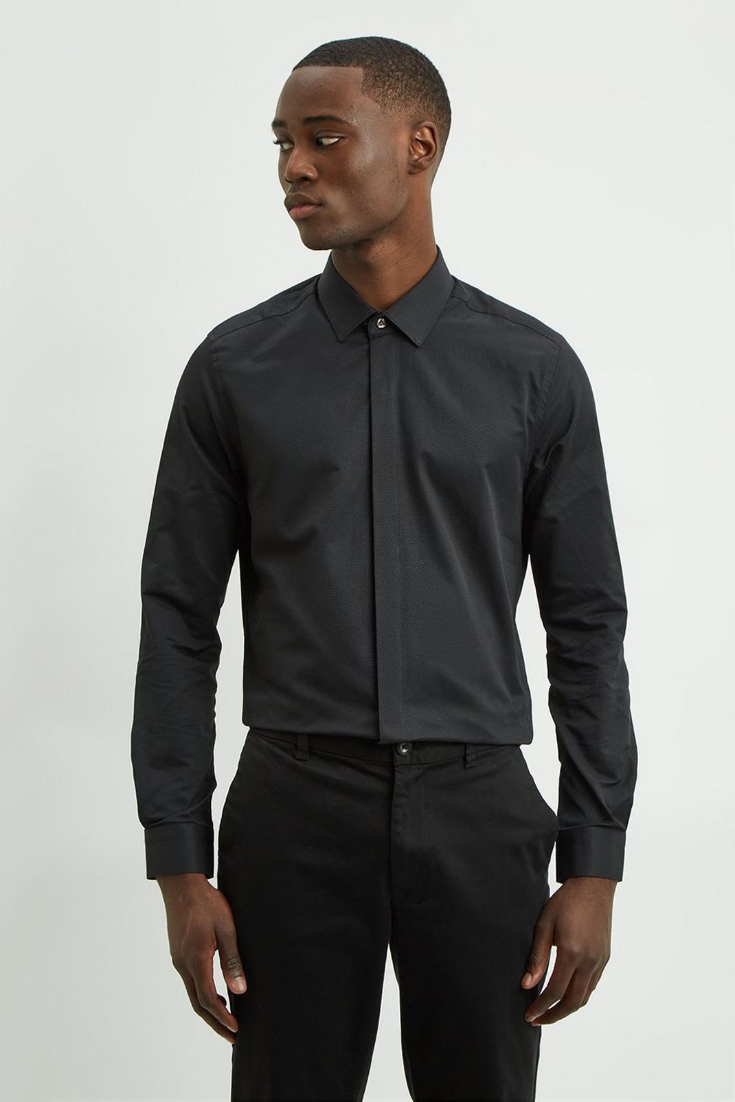 Black Slim Concealed Placket Contrast Button Shirt image number 1