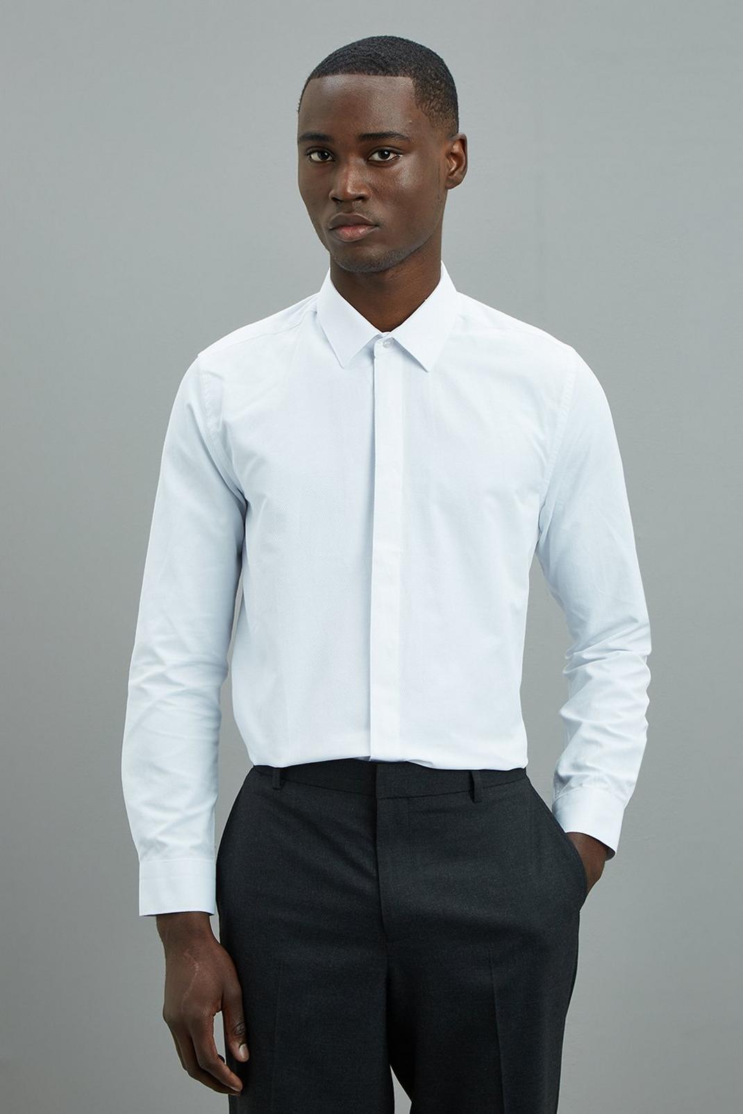 White Slim Concealed Placket Contrast Button Shirt image number 1