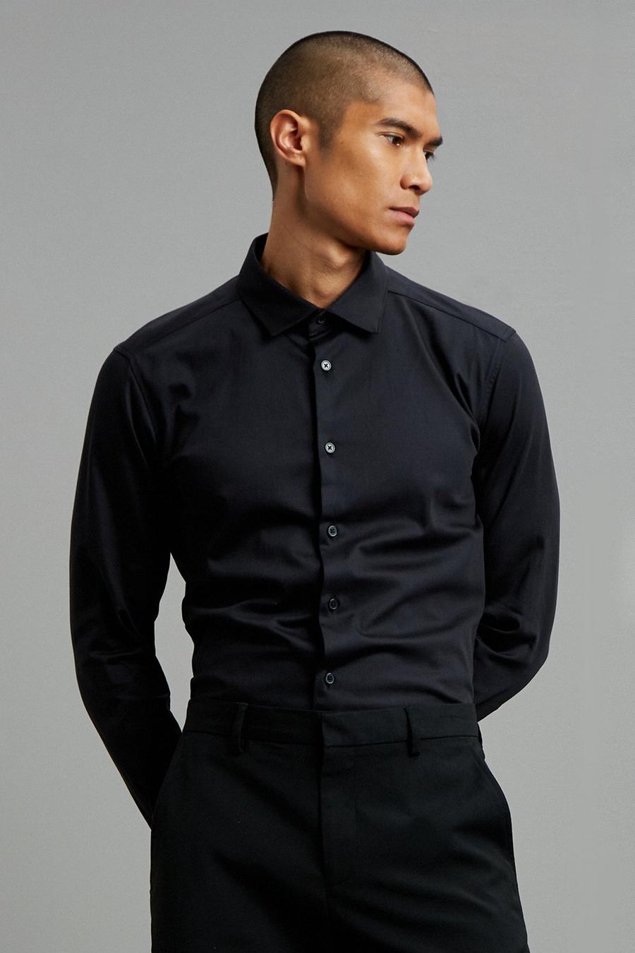 Skinny Black Satin Shirt