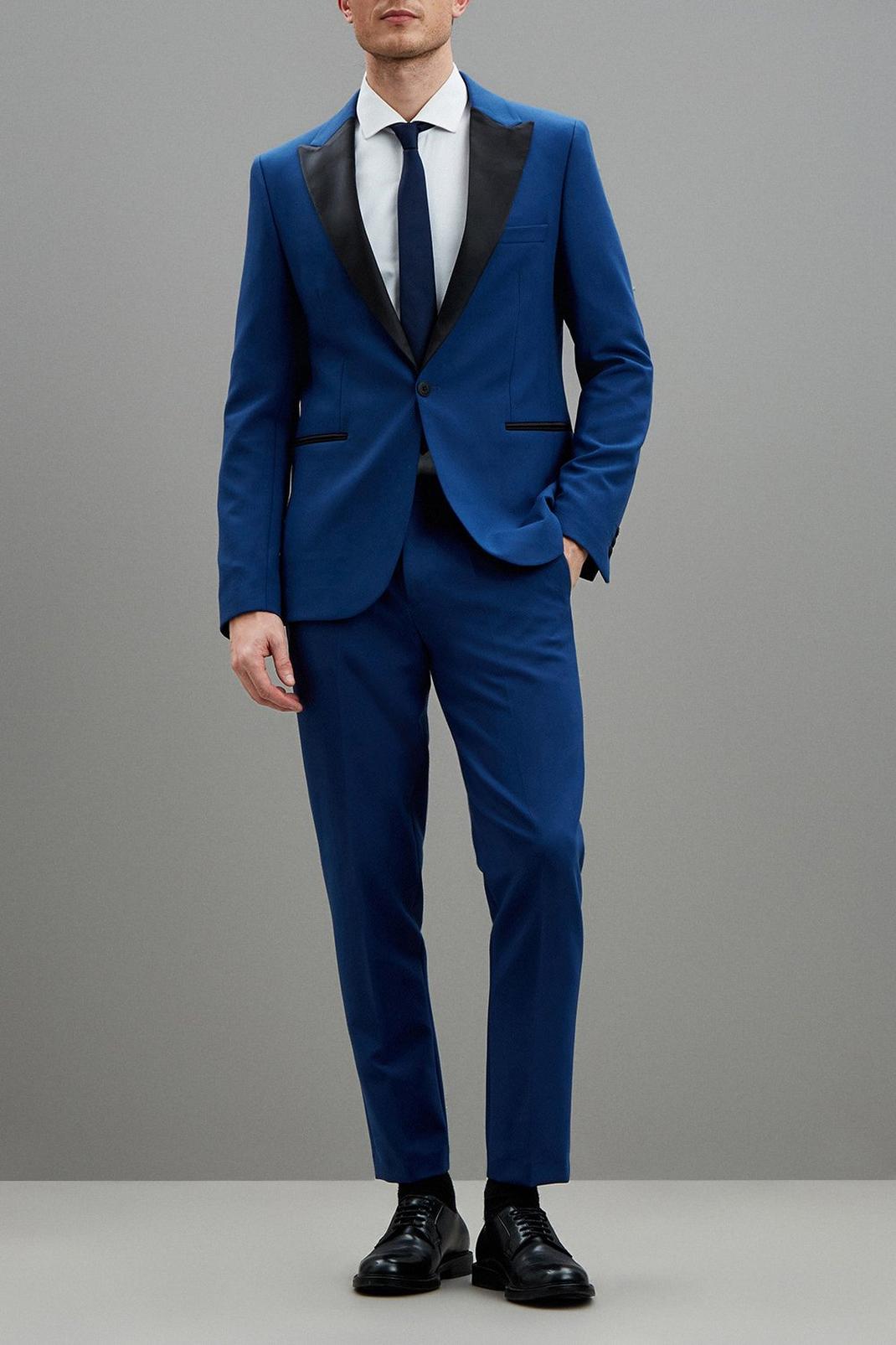 Skinny Fit Blue Tuxedo Suit Jacket image number 1