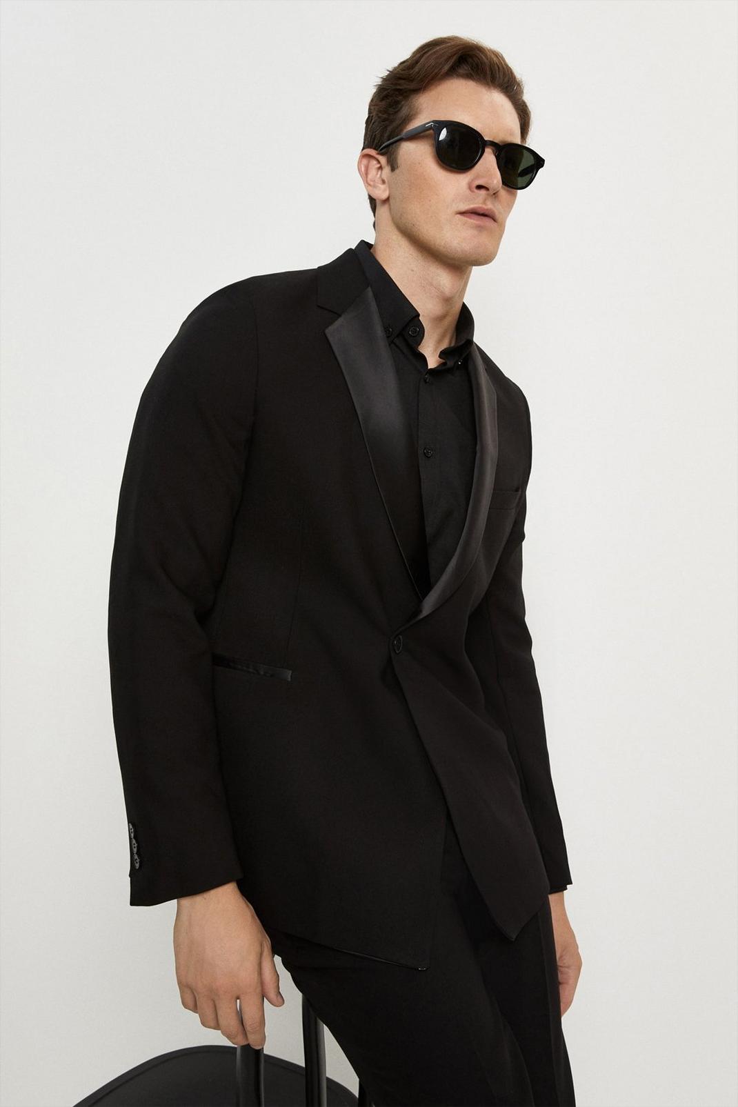 105 Skinny Fit Black Double Breasted Tuxedo Jacket image number 2