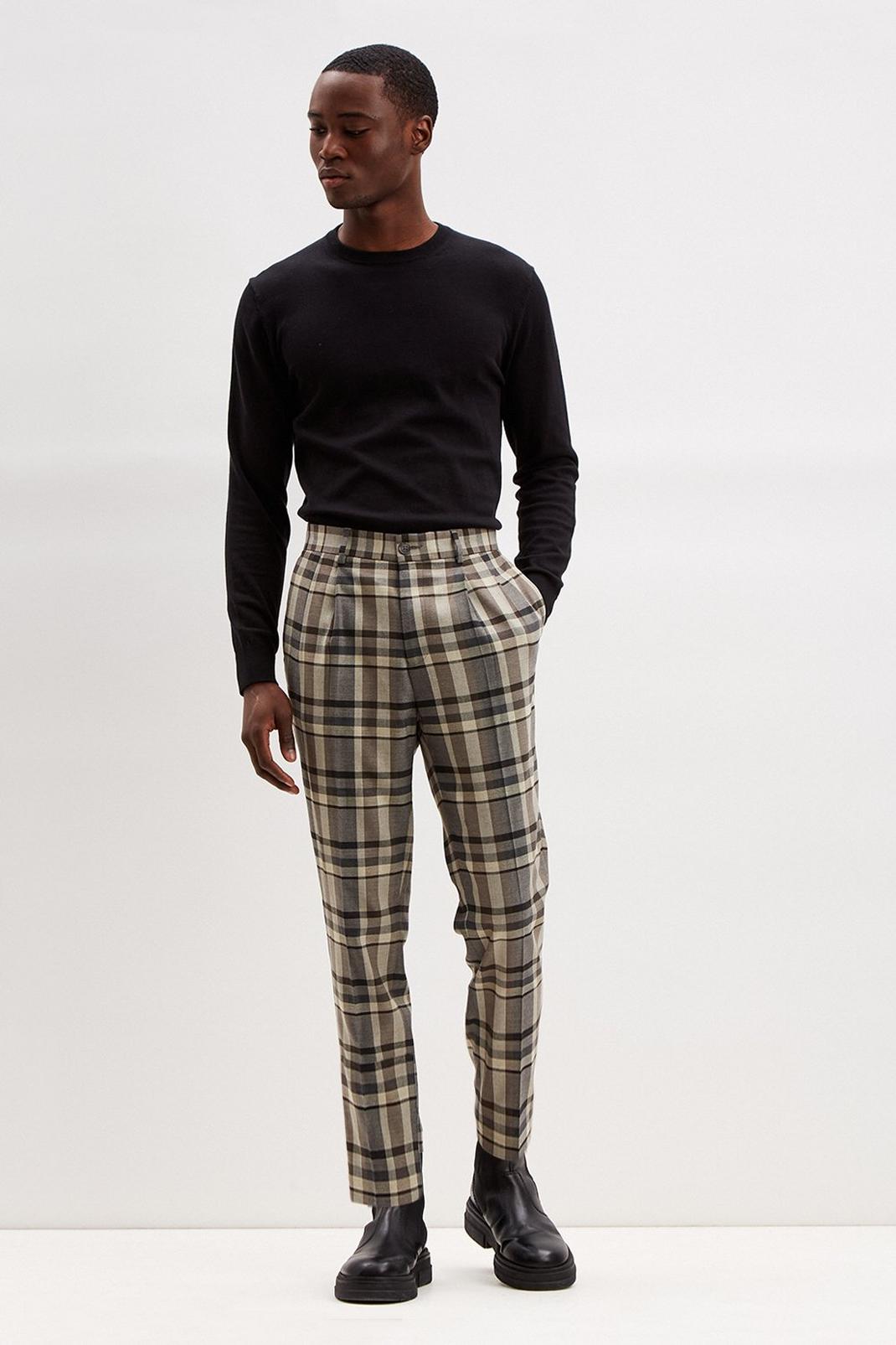 Neutral Slim Check Pleat Front Trousers image number 1