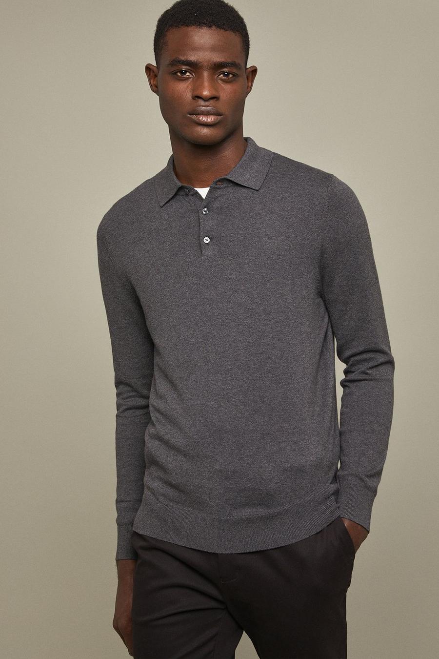 Cotton Rich Charcoal Long Sleeve Polo Shirt