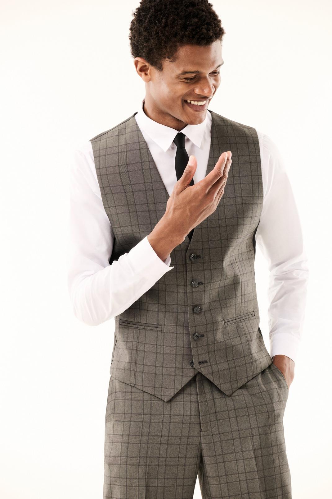 Brown Tailored Fit Grey Pow Check Waistcoat image number 1