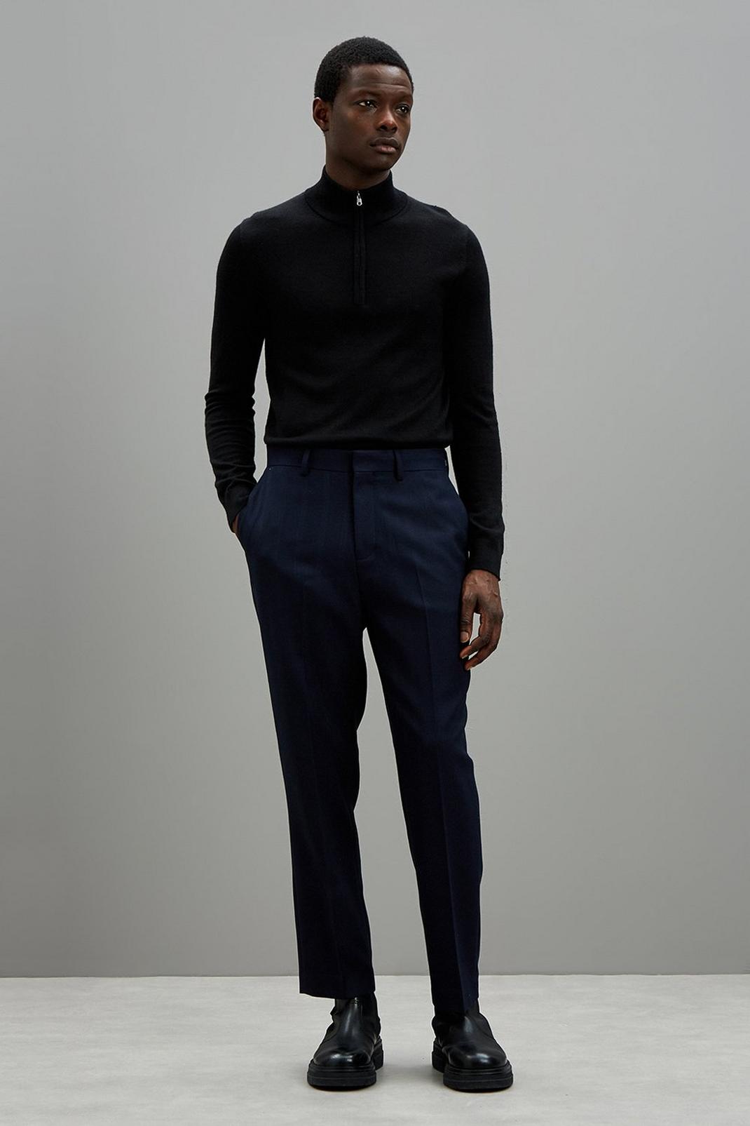 Wide Leg Navy Self Stripe Trousers image number 1